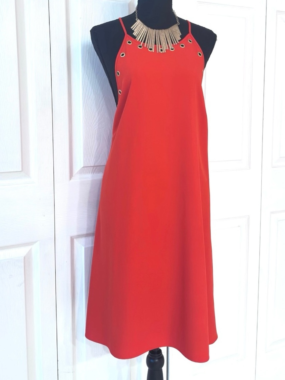 Daniel Cremieux Red A-Line Spaghetti Strap Dress Gold Grommet Detail - Picture 9 of 13